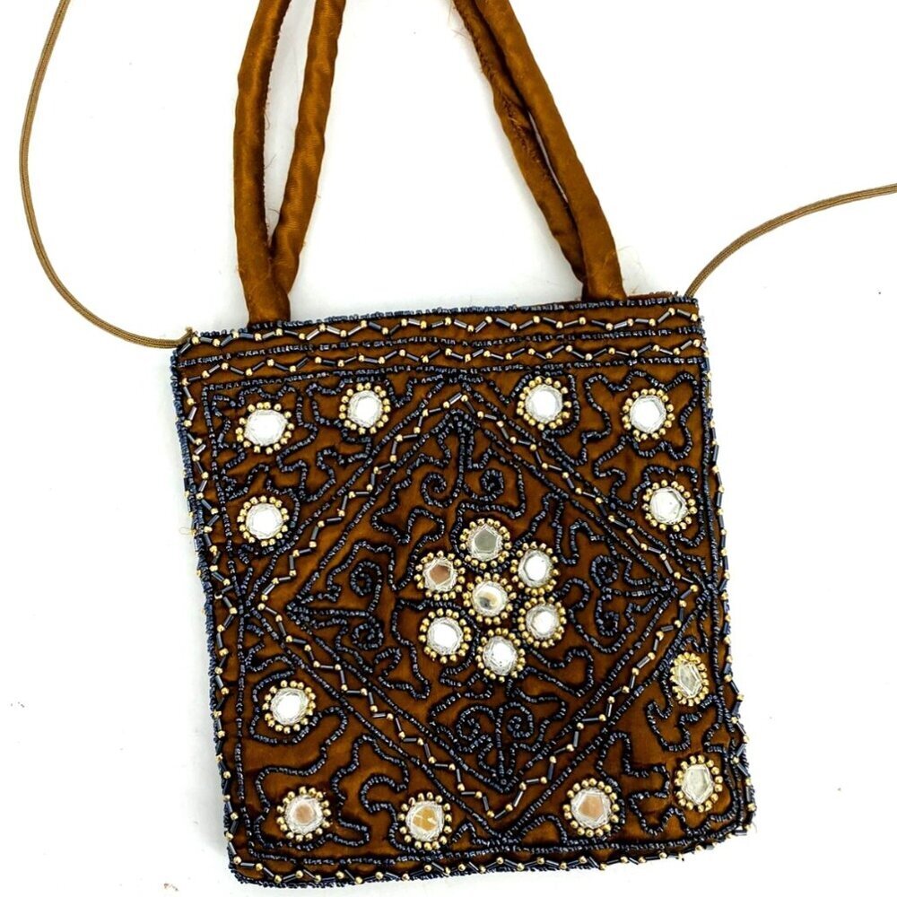 Vintage Embroidered Beaded Mirror Purse Evening Bag Copper Magnetic Close